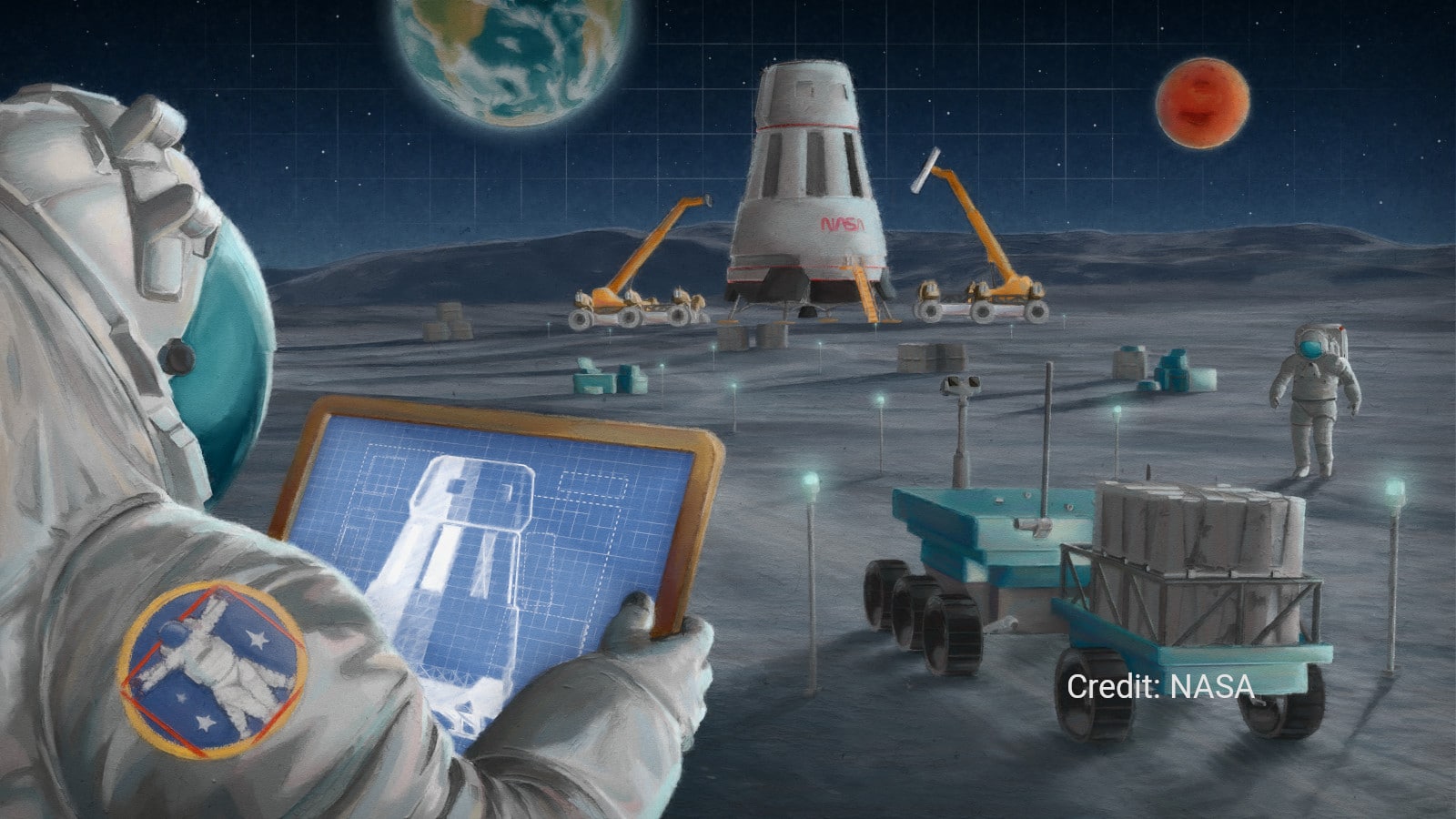 NASA image depicting notional lunar lander and astronauts